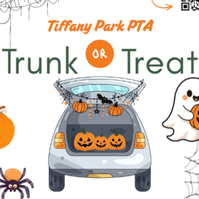 A car trunk filled with jack-o'-lanterns sits in the foreground, surrounded by a ghost and a spider against a white background with "Tiffany Park PTA Trunk or Treat" text.