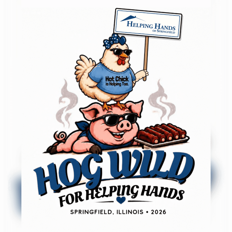 A cartoon chicken and pig wearing sunglasses stand together in the foreground against a plain white background, accompanied by a sign for "Helping Hands of Springfield" and the text "Hog Wild for Helping Hands."
