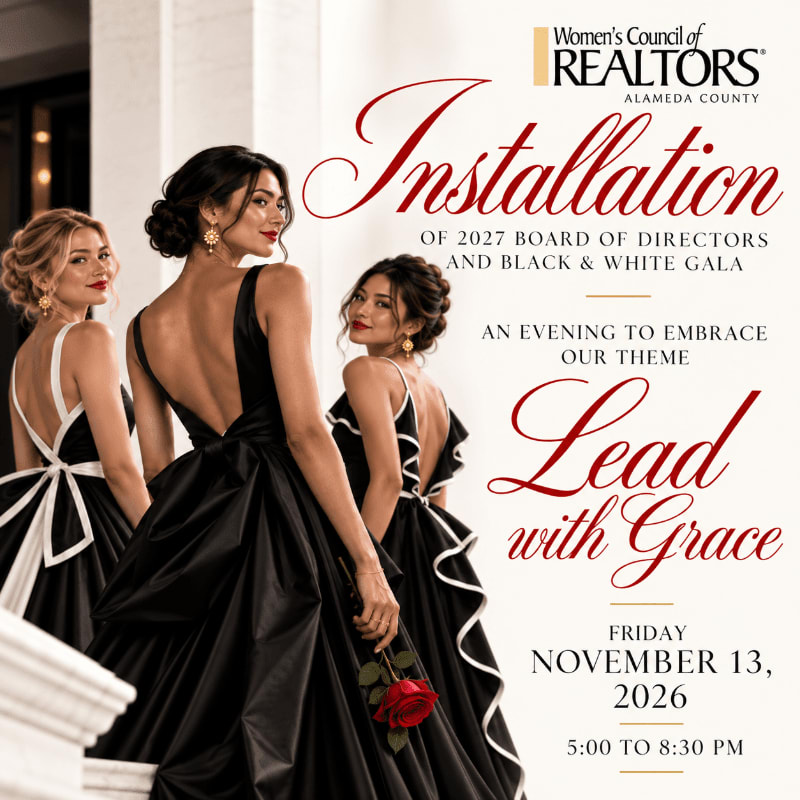 Three women in elegant black and white gowns stand in the foreground against a clean, white background featuring event text and a logo.