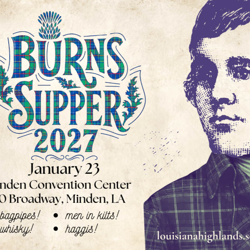 A blue and green tartan "Burns Supper 2027" announcement is set against a textured beige background featuring a stylized purple portrait of Robert Burns.