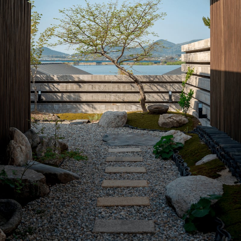 Zen garden path with tree and distant water view