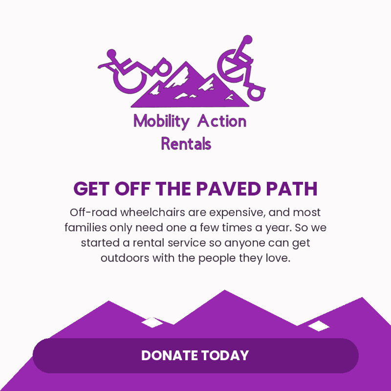 Purple text and graphics for "Mobility Action Rentals" are centered on a plain white background with purple mountain silhouettes at the bottom.