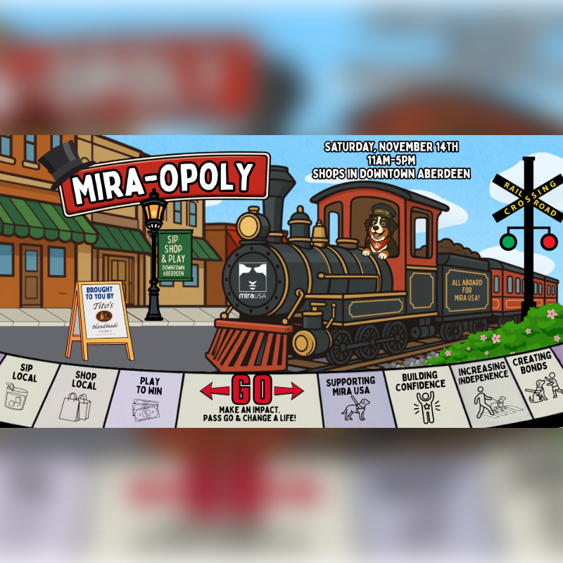 A cartoon steam train driven by a dog sits in the foreground of a colorful "Mira-opoly" game board, set against a background of downtown shops and a railroad crossing.