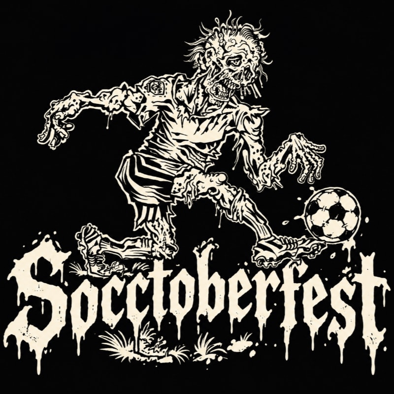 A decaying zombie soccer player kicks a ball above the dripping text "Socctoberfest" against a solid black background.