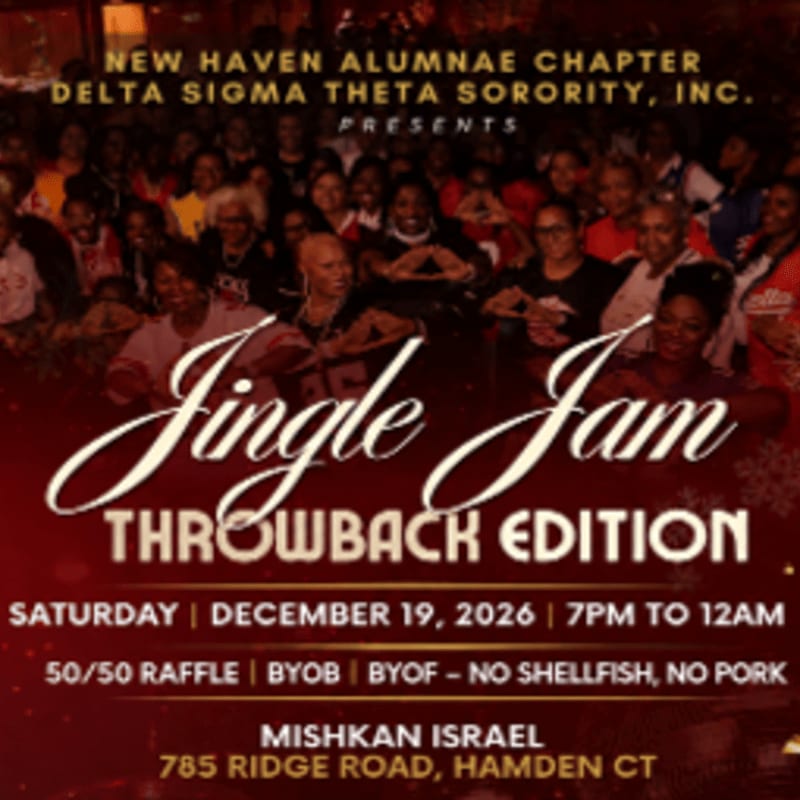 White and gold text for a "Jingle Jam Throwback Edition" event is layered over a background of a large group of people.