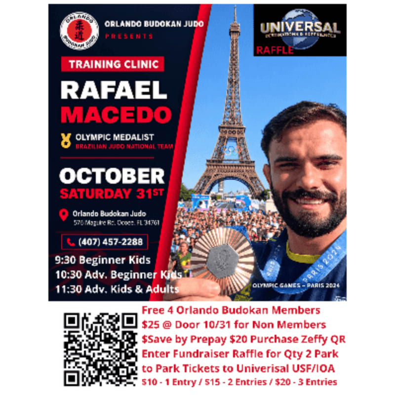A promotional flyer for a judo training clinic featuring Rafael Macedo and a medal in the foreground, with the Eiffel Tower and a crowd in the background.