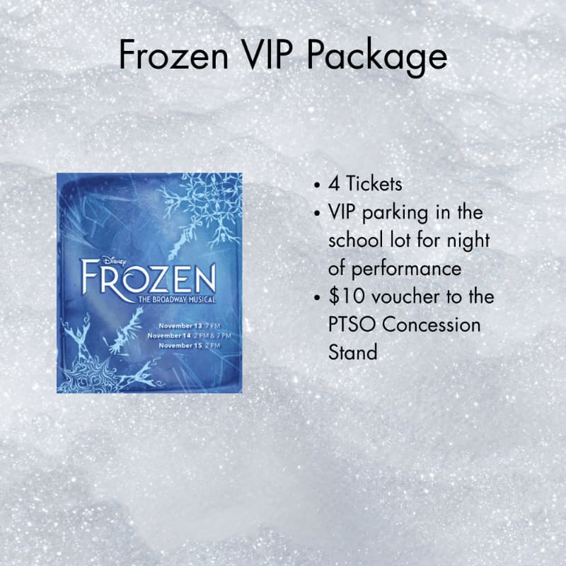 A Frozen VIP Package advertisement with a show poster and a list of perks is set against a sparkling, snowy white background.