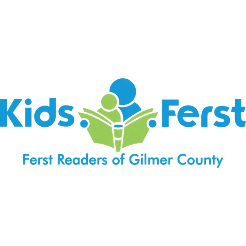 A blue and green logo featuring two stylized figures reading a book and the text "Kids Ferst Readers of Gilmer County" set against a plain white background.