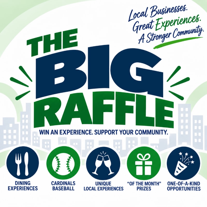 Bold text announcing "THE BIG RAFFLE" and various prize icons sit in the foreground against a background of a stylized city skyline and a light green gradient.