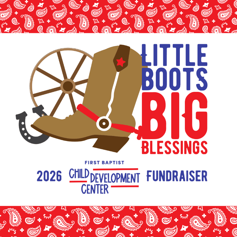 A brown cowboy boot, wagon wheel, and horseshoe sit beside the text "Little Boots Big Blessings" against a white background framed by red paisley borders.