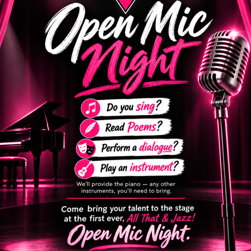 A vintage microphone stands in the foreground of a stage featuring a grand piano and dark curtains under pink spotlights, with "Open Mic Night" text and performance options centered in the background.