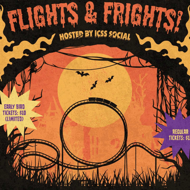 A roller coaster loop and ticket price bursts sit in the foreground against a background of a large orange moon, bats, and a spooky silhouette.