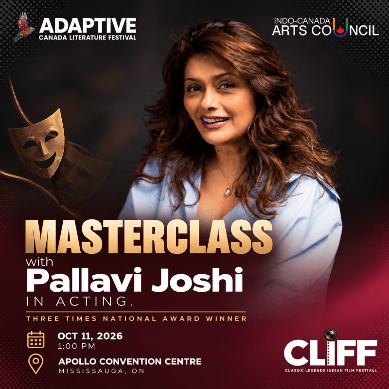 A portrait of Pallavi Joshi and theater masks are set against a dark, atmospheric background with event details and logos.