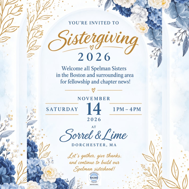 An invitation for "Sistergiving 2026" is centered in the foreground, framed by blue and white floral arrangements and gold leaf accents against a light blue and white background.