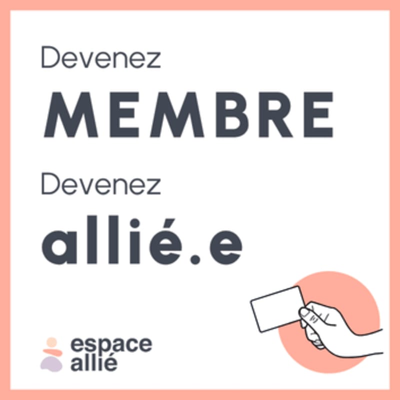 French text inviting people to become members and allies is set against a white background with a pink border and a small illustration of a hand holding a card in the bottom right.