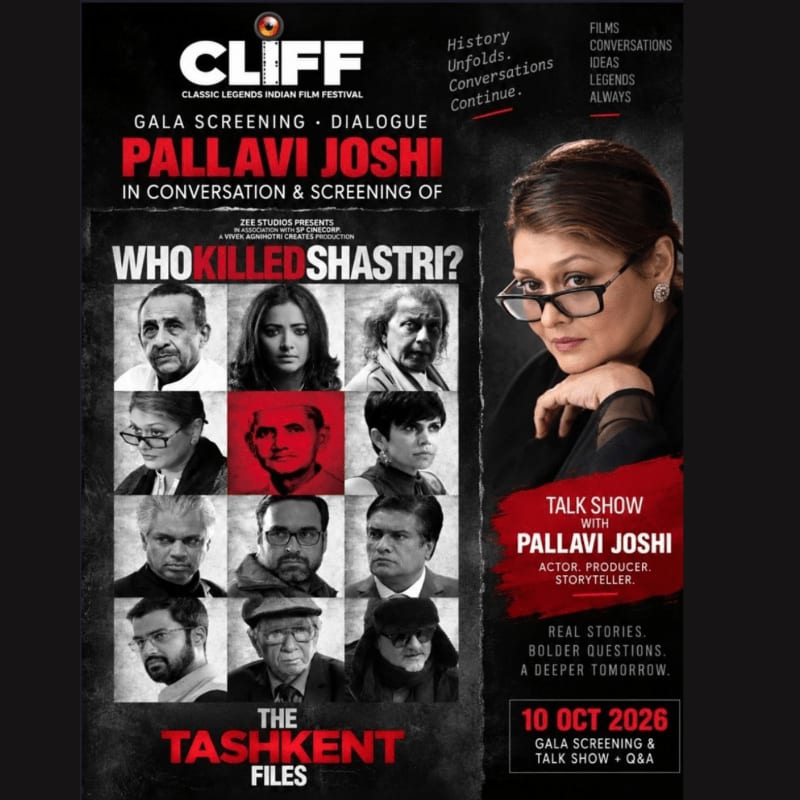 A promotional poster for "The Tashkent Files" features a grid of character portraits and a large image of Pallavi Joshi on the right against a dark, textured background.