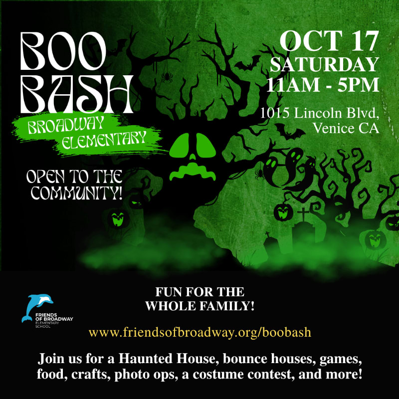 White and green text advertising a "Boo Bash" event sits atop a spooky green background featuring a haunted tree, tombstones, and mist.