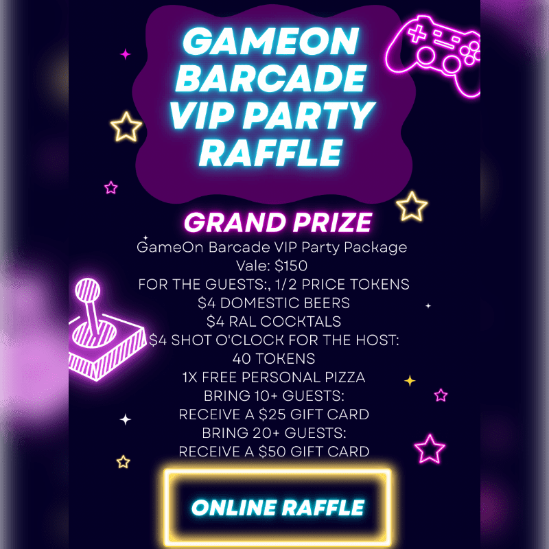 White and neon text detailing a VIP party raffle is centered over a dark purple background featuring a game controller and joystick.