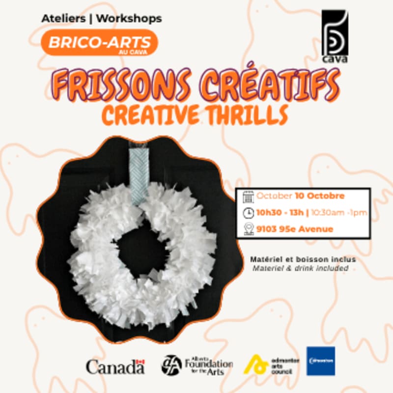 A white tissue paper wreath is centered in the foreground against a light-colored background featuring event details for "Creative Thrills" workshops.
