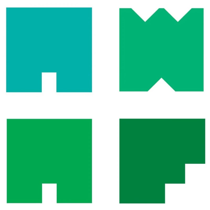 Four colorful geometric shapes in shades of teal and green are arranged in a grid against a plain white background.