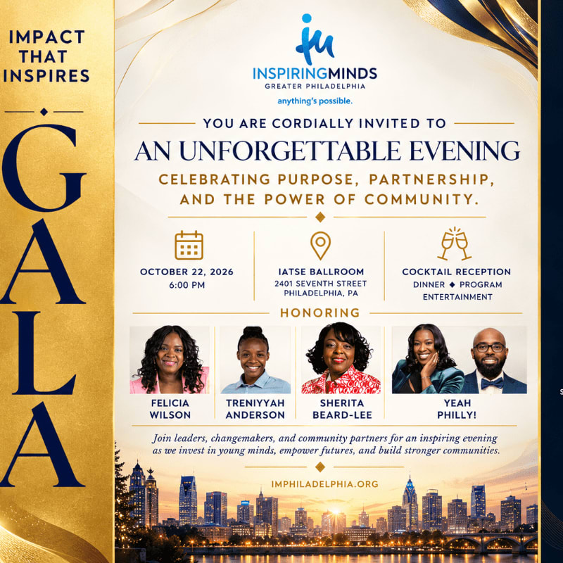 An invitation for the Inspiring Minds Greater Philadelphia Gala features event details and honoree photos in the foreground against a gold and white background with a Philadelphia skyline at the bottom.