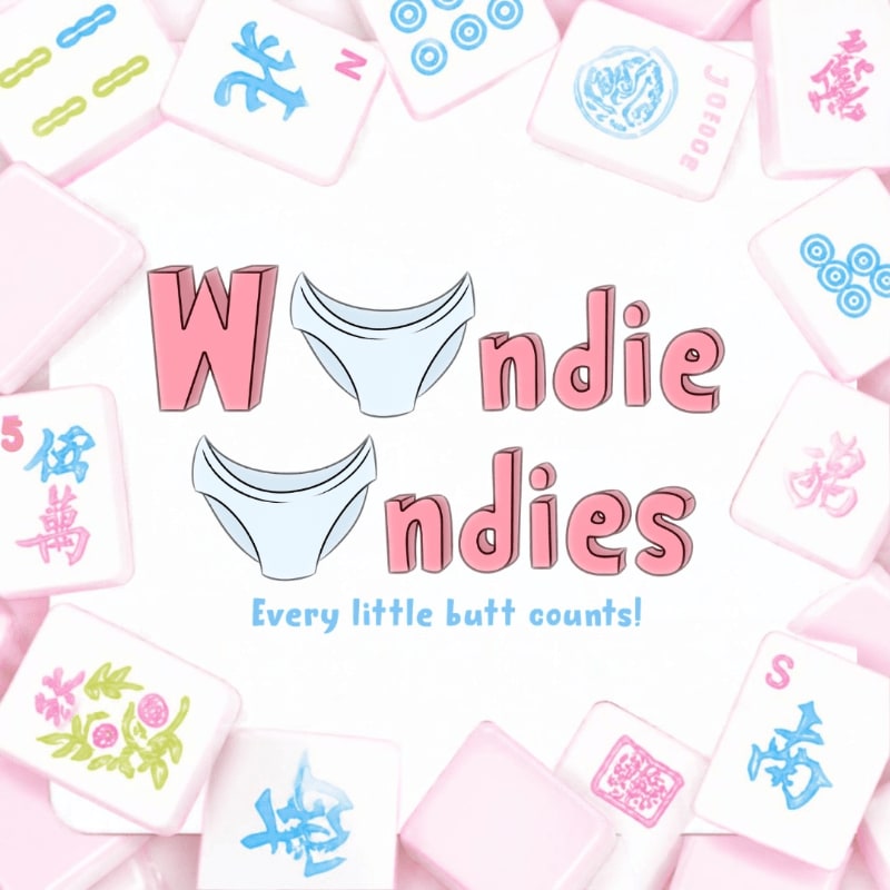 The text "Wondie Wondies" and the slogan "Every little butt counts!" are centered in the foreground, surrounded by a border of pink and white mahjong tiles in the background.