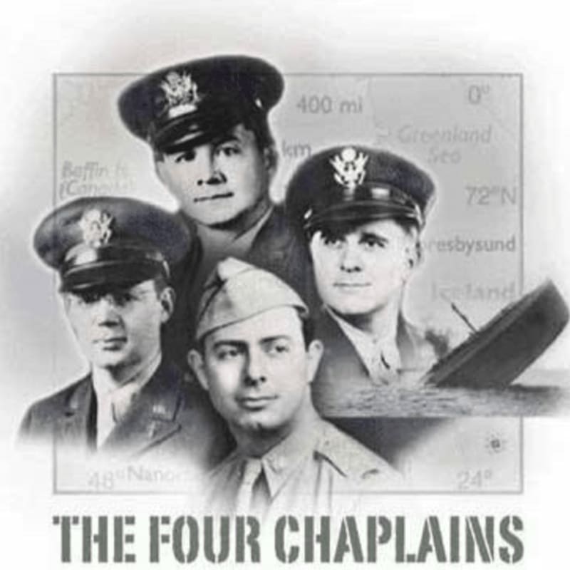 Four men in military uniforms are positioned in the foreground against a background featuring a map of the North Atlantic and the text "THE FOUR CHAPLAINS."