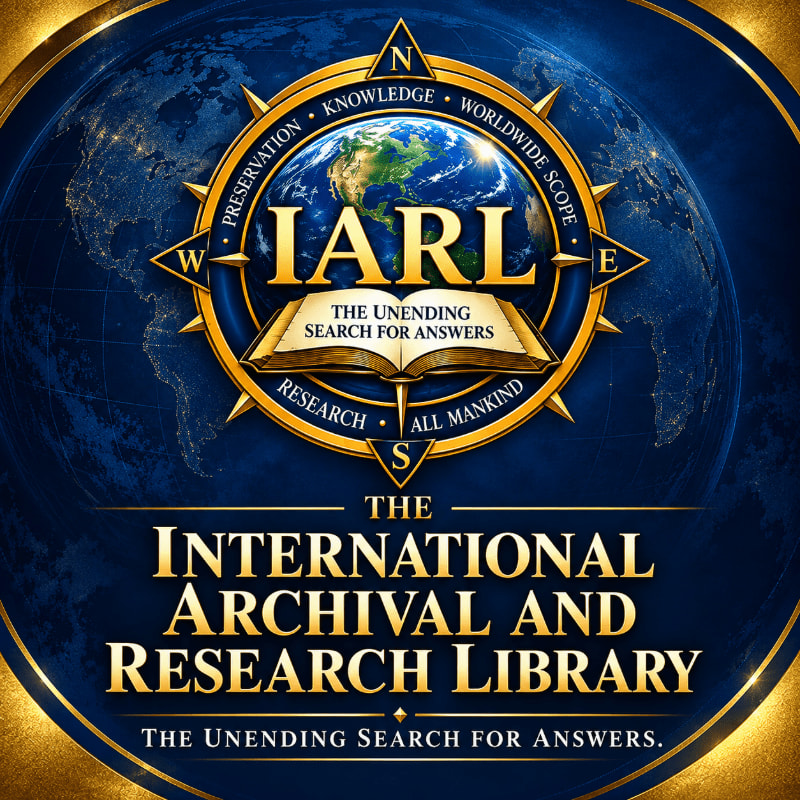 A gold and blue emblem featuring a globe, an open book, and the letters "IARL" sits atop a dark blue background with a faint world map.