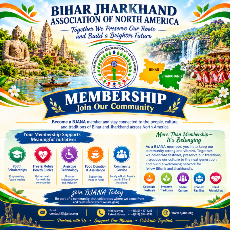 A membership flyer for the Bihar Jharkhand Association of North America features cultural landmarks and people in the foreground against a backdrop of scenic landscapes and the organization's logo.
