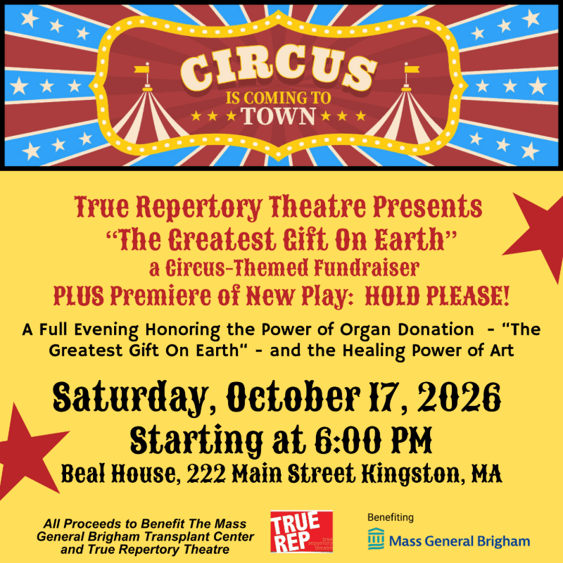 A circus-themed event flyer features a red and blue star-patterned banner at the top and a yellow background with event details and red stars below.