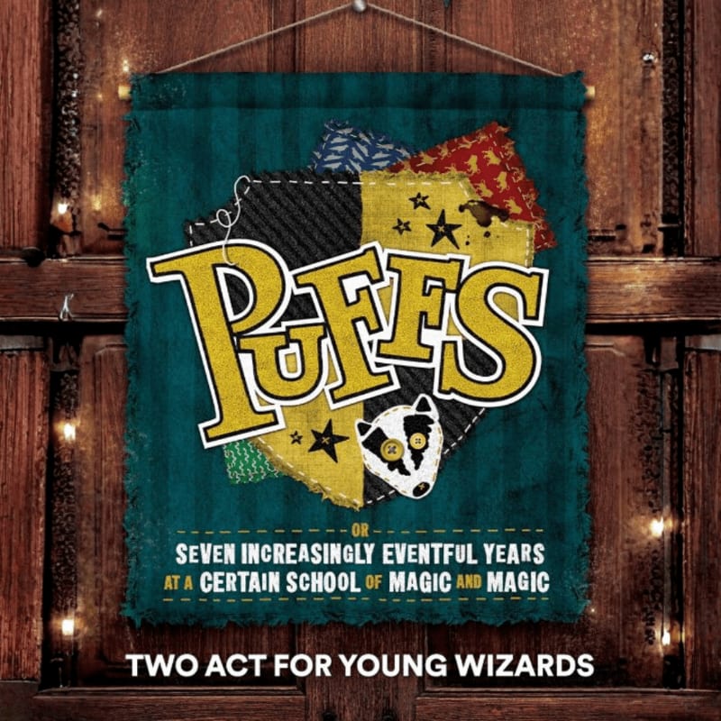 A teal banner with the word "PUFFS" and a badger emblem hangs against a rustic wooden background.