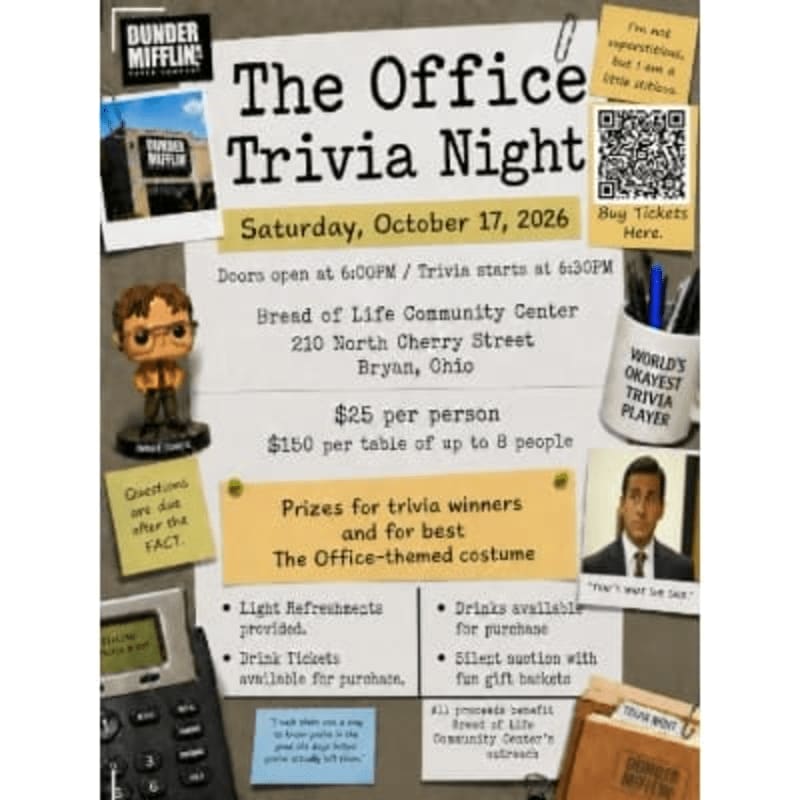 A trivia night flyer for "The Office" is surrounded by themed props, including a Funko Pop figure, a pen holder, and a telephone.
