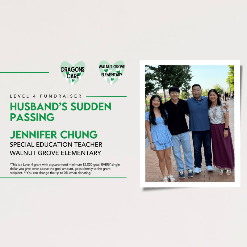 A fundraiser announcement for Jennifer Chung featuring text and logos on the left and a family photo on the right against a plain light gray background.