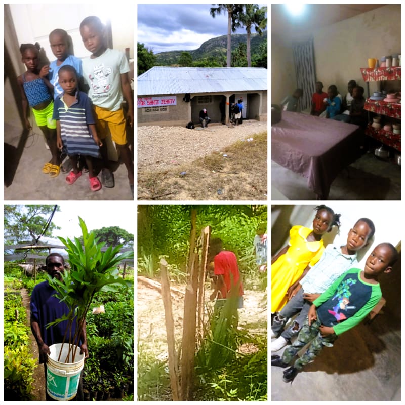 A central logo for the Sanite Jeanty Foundation is surrounded by a collage of photos featuring children, agricultural work, and a community building against a backdrop of lush green landscapes.