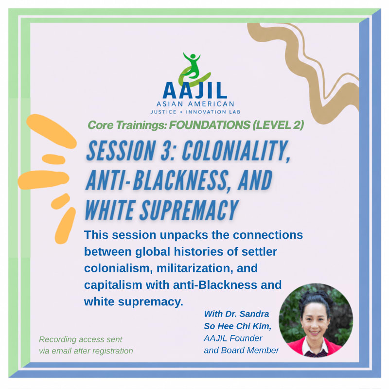Text announcing a training session on coloniality and white supremacy is set against a light purple background with abstract colorful shapes and a portrait of Dr. Sandra So Hee Chi Kim.