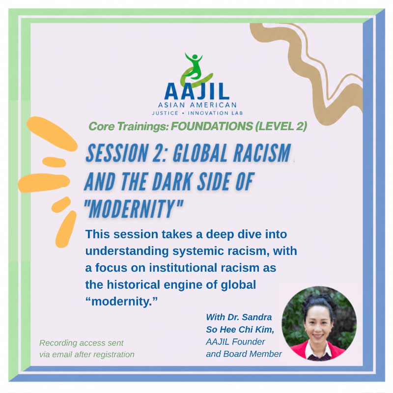 An informational flyer for an AAJIL training session on global racism features blue text and a portrait of Dr. Sandra So Hee Chi Kim against a light purple background with colorful abstract shapes.