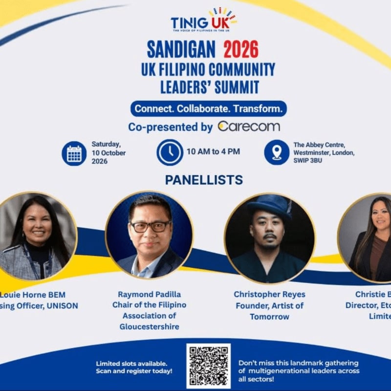 A promotional flyer for the Sandigan 2026 UK Filipino Community Leaders' Summit features four panellists in circular portraits against a white background with blue and yellow curved accents.