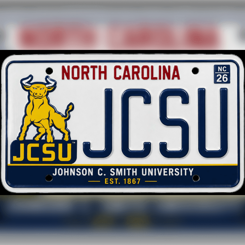 A North Carolina license plate featuring the Johnson C. Smith University logo and "JCSU" text is set against a blurred, neutral background.