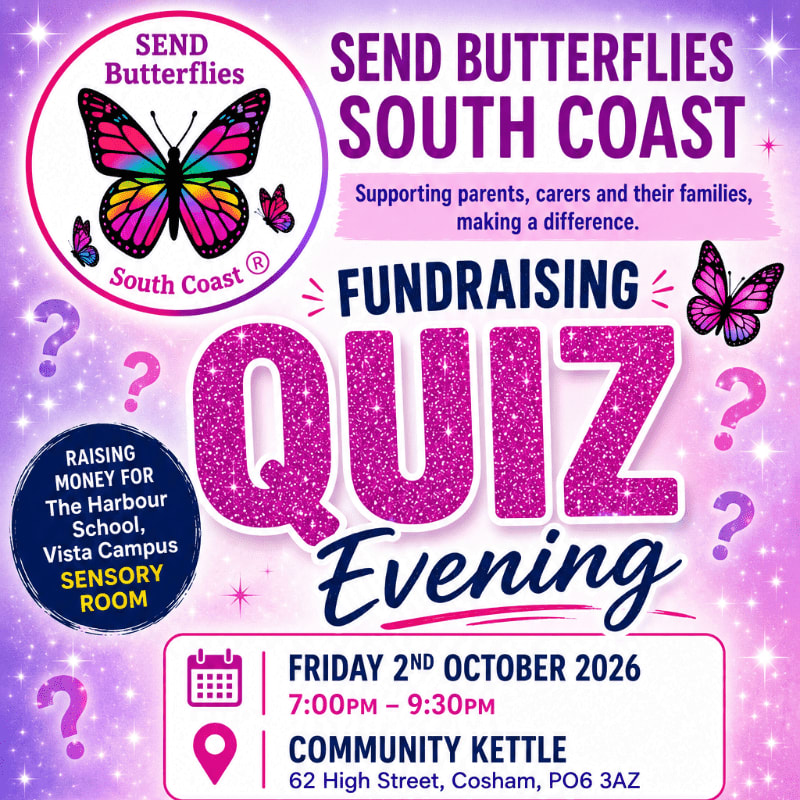 A vibrant pink and purple poster advertises a fundraising quiz evening for "SEND Butterflies South Coast" with butterflies and question marks scattered around the text.
