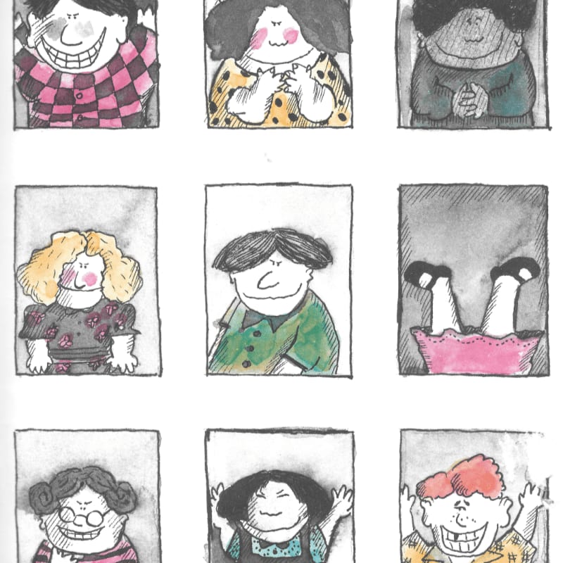 Nine hand-drawn character portraits in a grid are set against a plain white background.