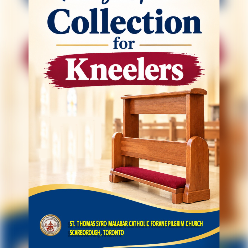 A wooden prayer kneeler with a red cushion sits in the foreground against a blurred church interior background, topped with text announcing a collection for kneelers.