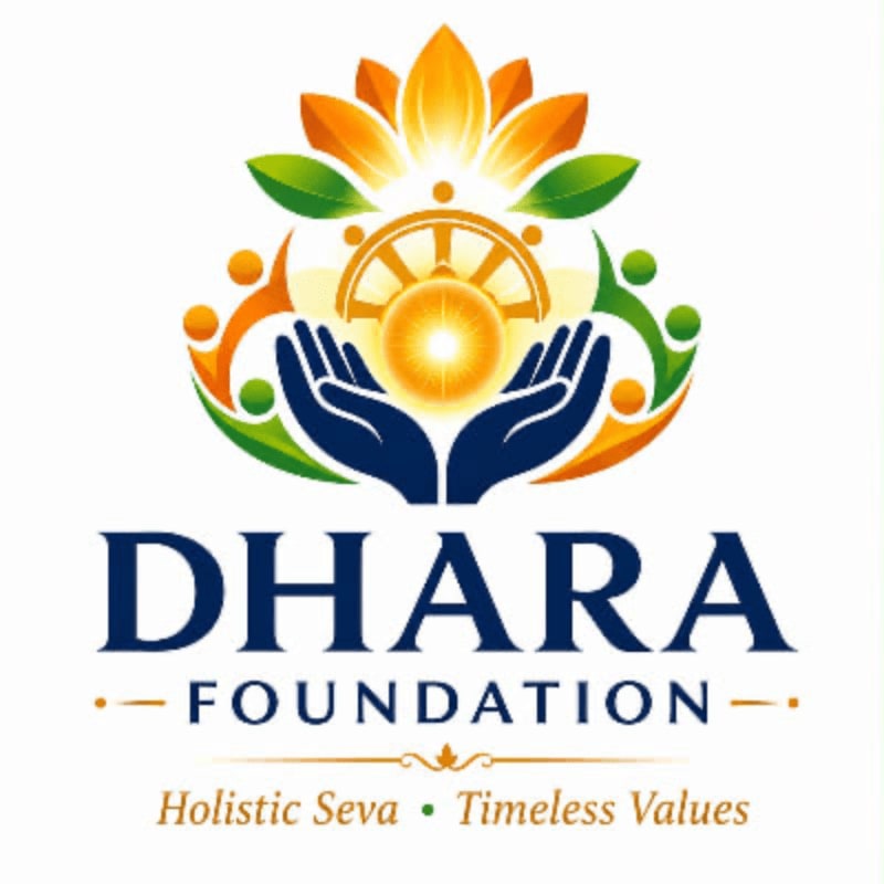 Two cupped hands in the foreground hold a glowing wheel of dharma, surrounded by colorful figures and a lotus flower, all set against a white background with the text "DHARA FOUNDATION" below.