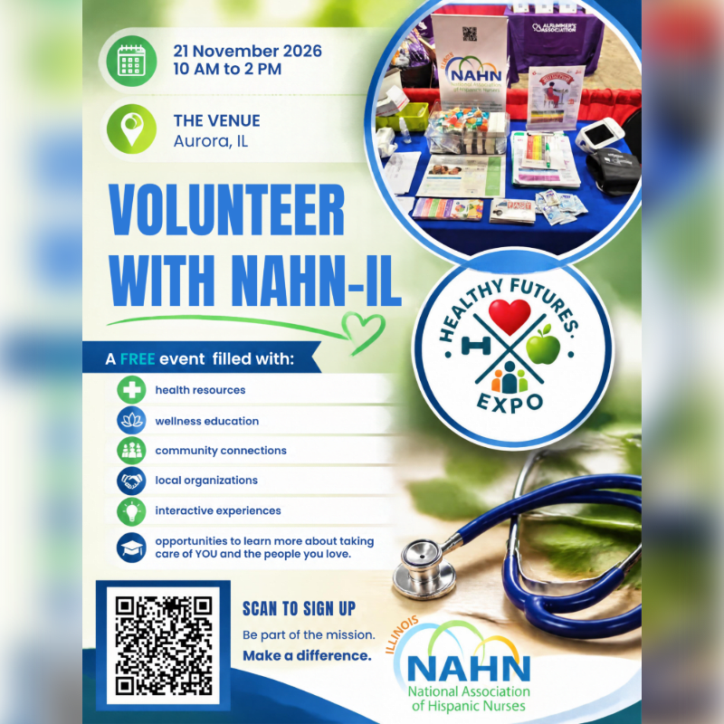 A promotional flyer for a volunteer event with NAHN-IL features event details and a list of offerings in the foreground, set against a background of a health expo table and a stethoscope on a green surface.