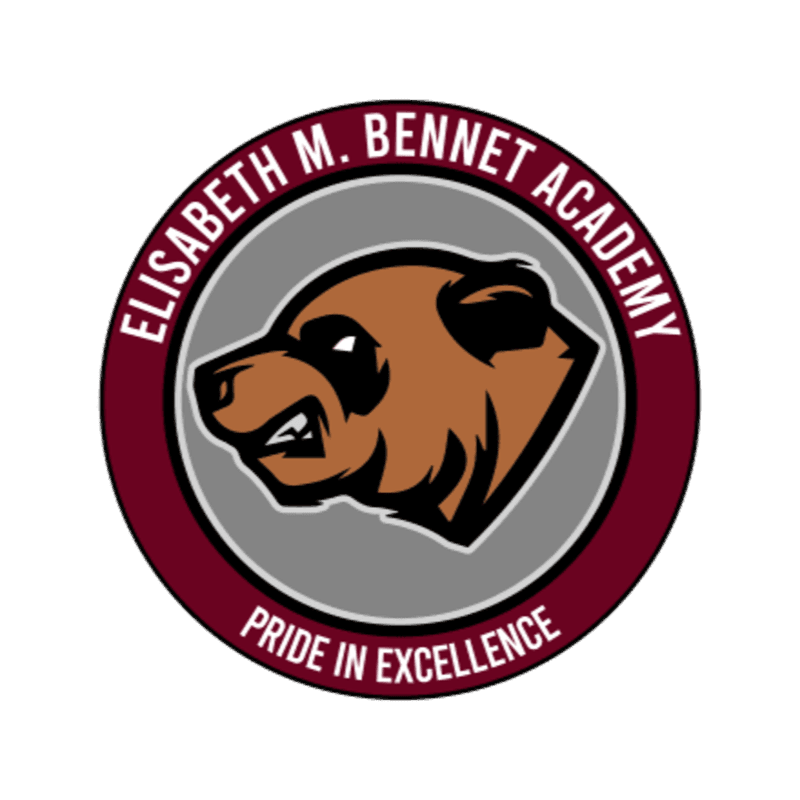 A brown bear head is centered within a grey circle, surrounded by a maroon border containing the text "ELISABETH M. BENNET ACADEMY" and "PRIDE IN EXCELLENCE" against a white background.