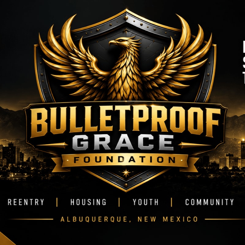 A golden eagle emblem and "BULLETPROOF GRACE FOUNDATION" text are centered in the foreground against a dark background featuring a city skyline and mountains.
