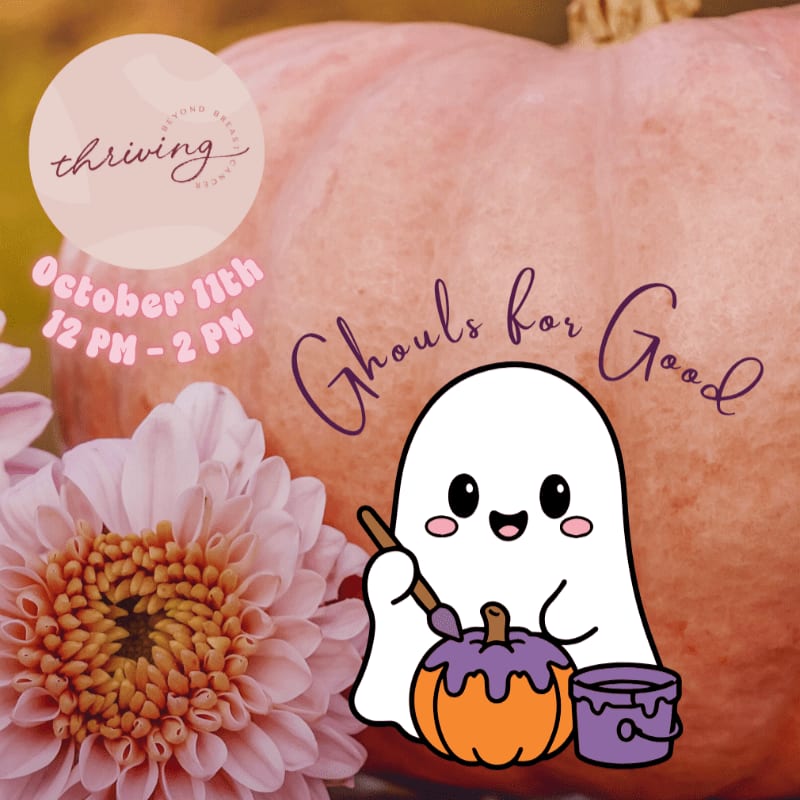 A cute cartoon ghost painting a small pumpkin sits in the foreground against a background of a large pink pumpkin and a pink flower.