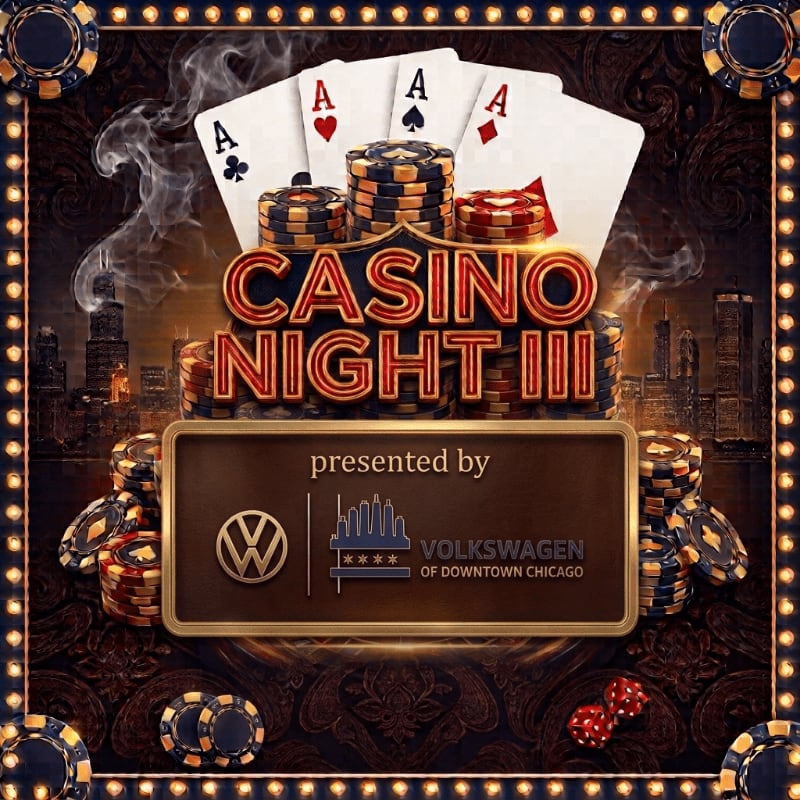 Casino gaming elements like cards, chips, and dice surround a "Casino Night III" sign and a Volkswagen sponsorship plaque, set against a dark city skyline.