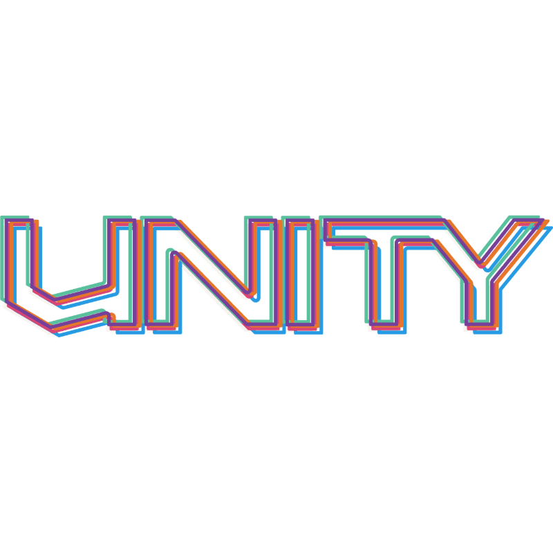The word "UNITY" is written in a stylized, multi-colored outline font against a plain white background.