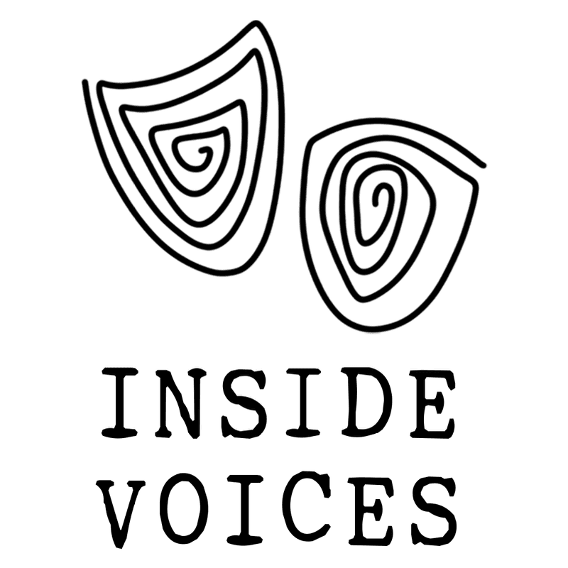 Two black spiral line drawings sit above the text "INSIDE VOICES" against a plain white background.