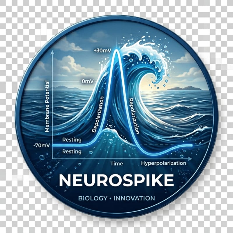 A blue circular emblem features a stylized ocean wave forming an action potential graph in the foreground against a backdrop of a cloudy sky and distant mountains.